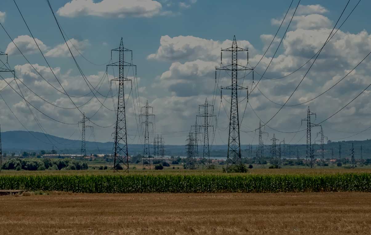 Power lines in the distance of a wheat field against blue skies and clouds. 